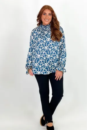 Teal Floral Print Mock Neck Long Sleeve Top *Final Sale*