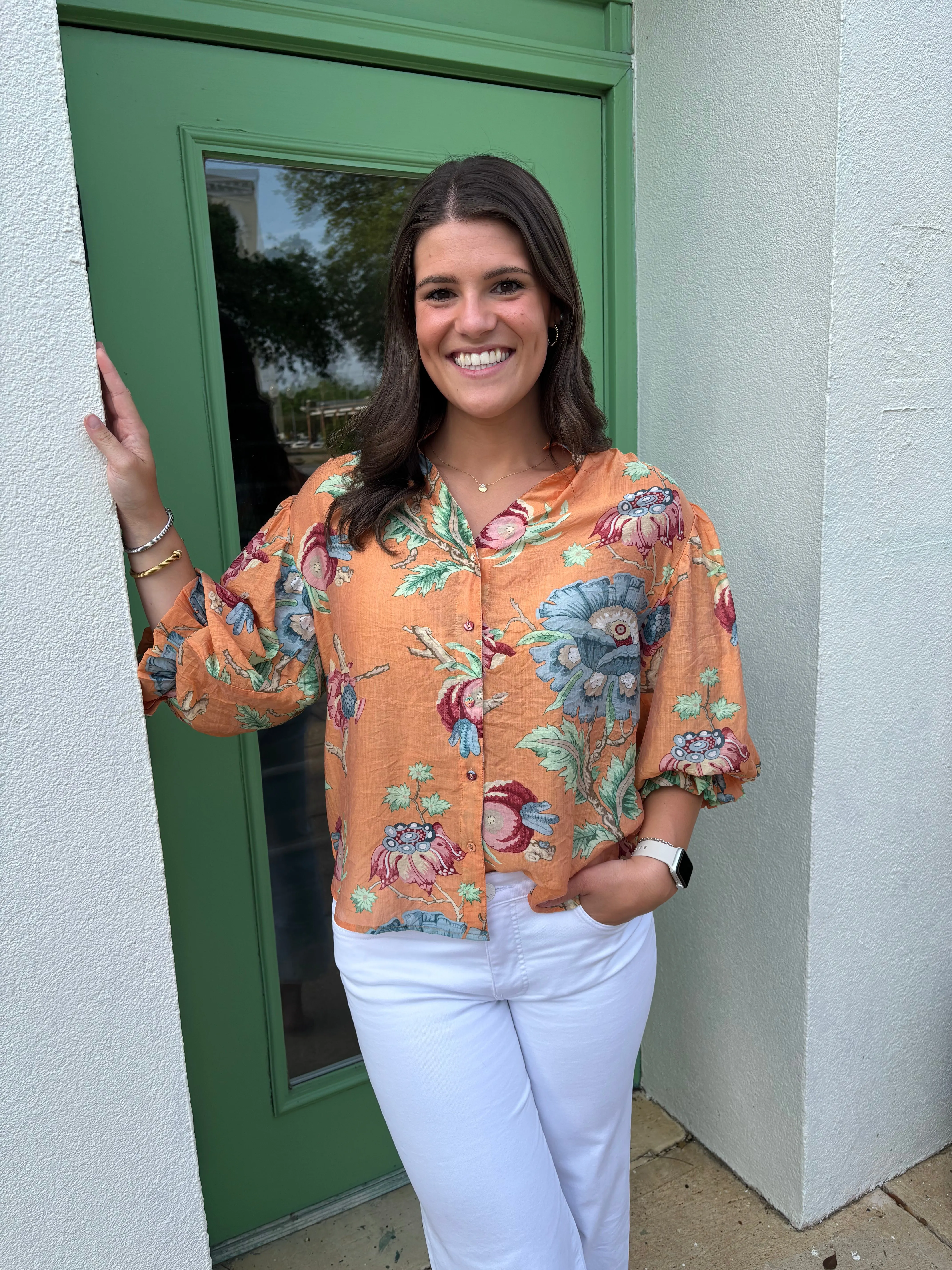 Three Quarter Printed Gathered Sleeve Top