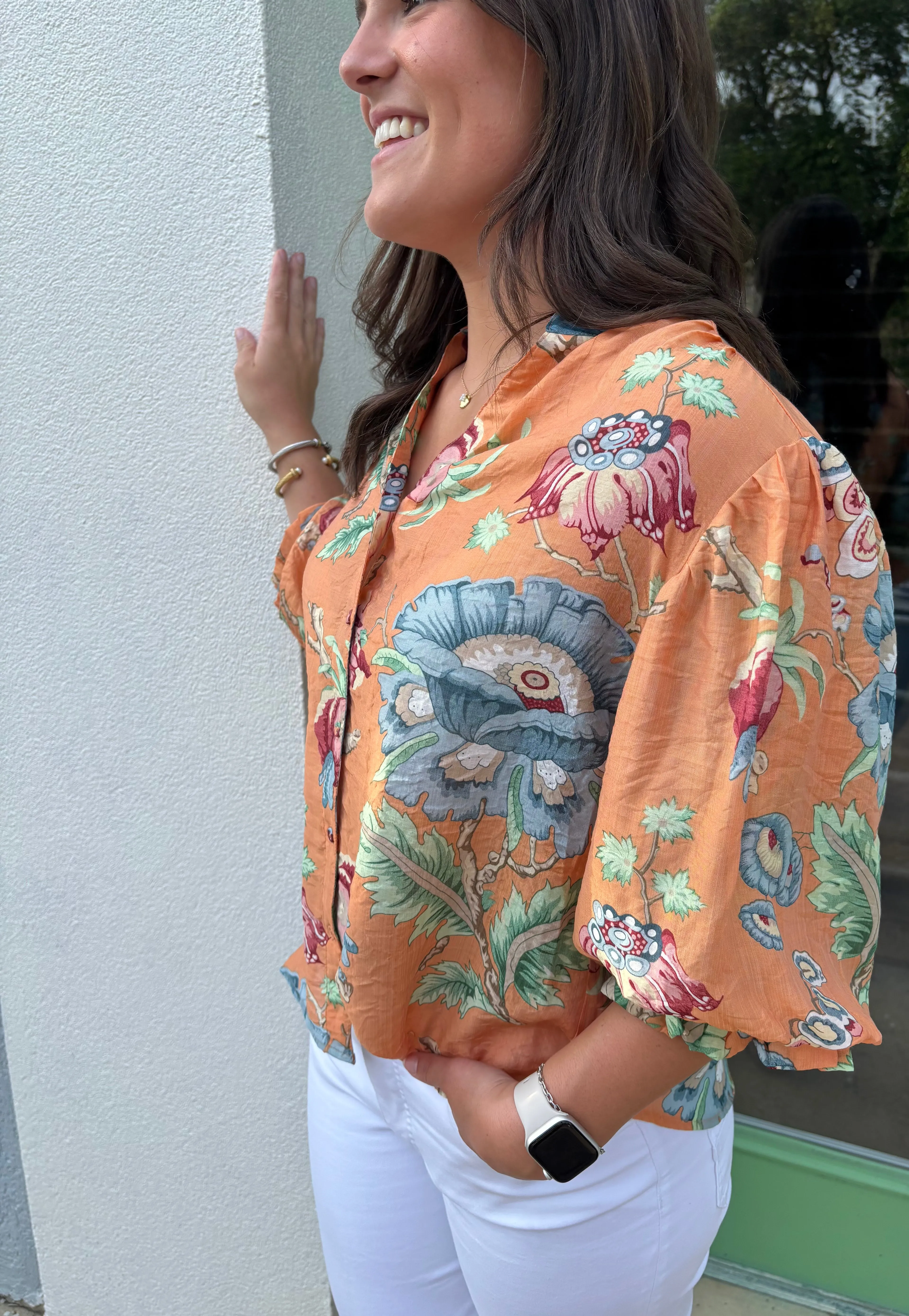 Three Quarter Printed Gathered Sleeve Top