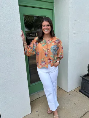 Three Quarter Printed Gathered Sleeve Top