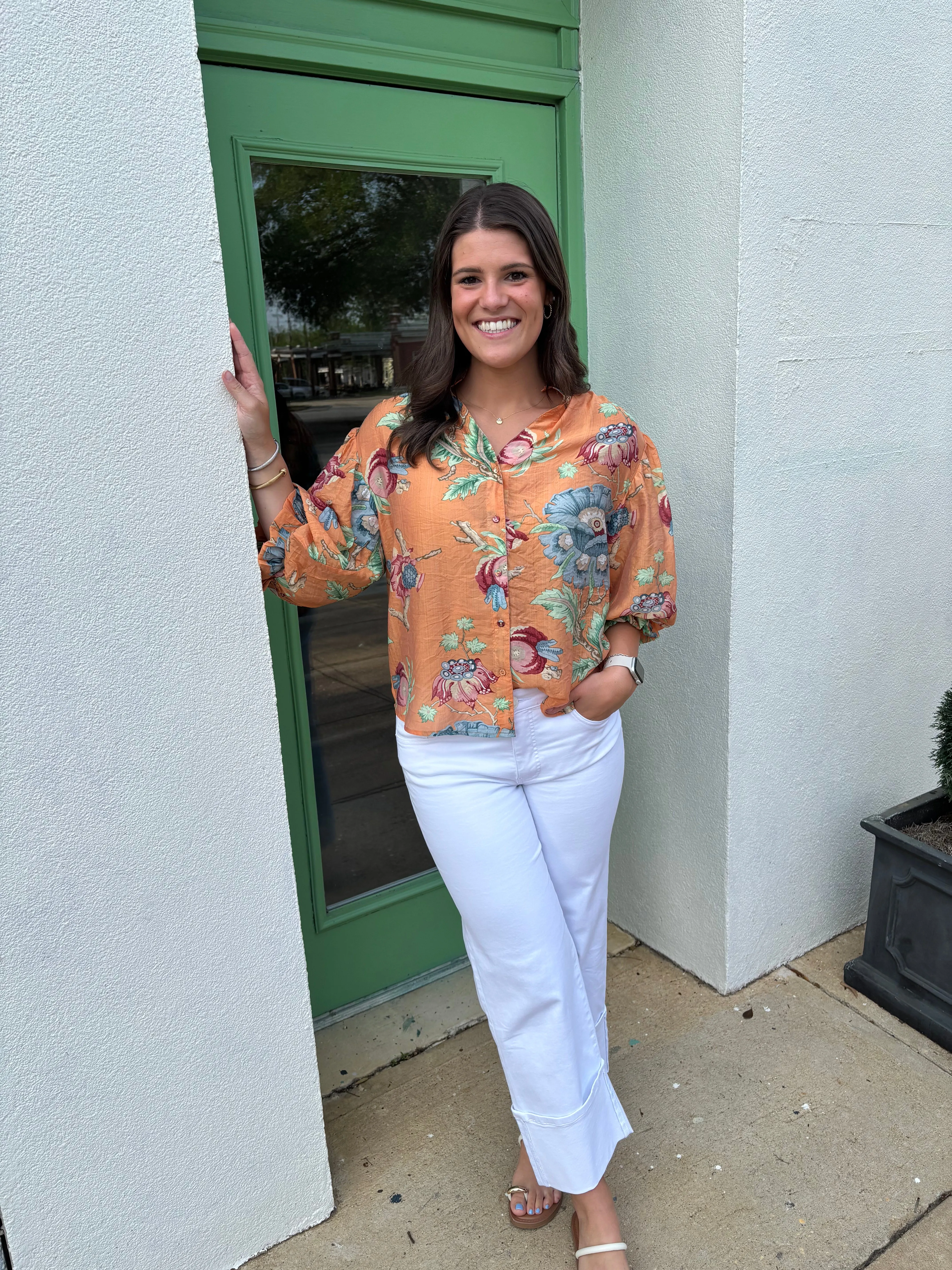 Three Quarter Printed Gathered Sleeve Top