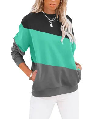 TICTICMIMI Women's Casual Long Sleeve Color Block/Solid Tops Crewneck Sweatshirts Cute Loose Fit Pullover with Pockets