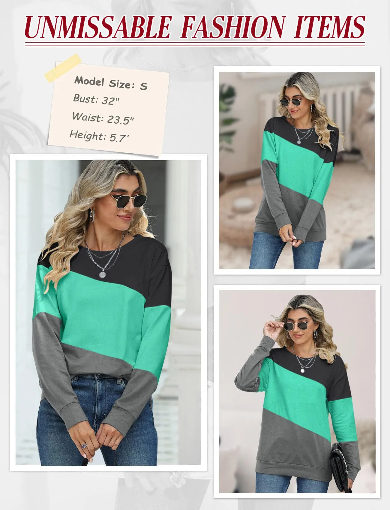 TICTICMIMI Women's Casual Long Sleeve Color Block/Solid Tops Crewneck Sweatshirts Cute Loose Fit Pullover with Pockets