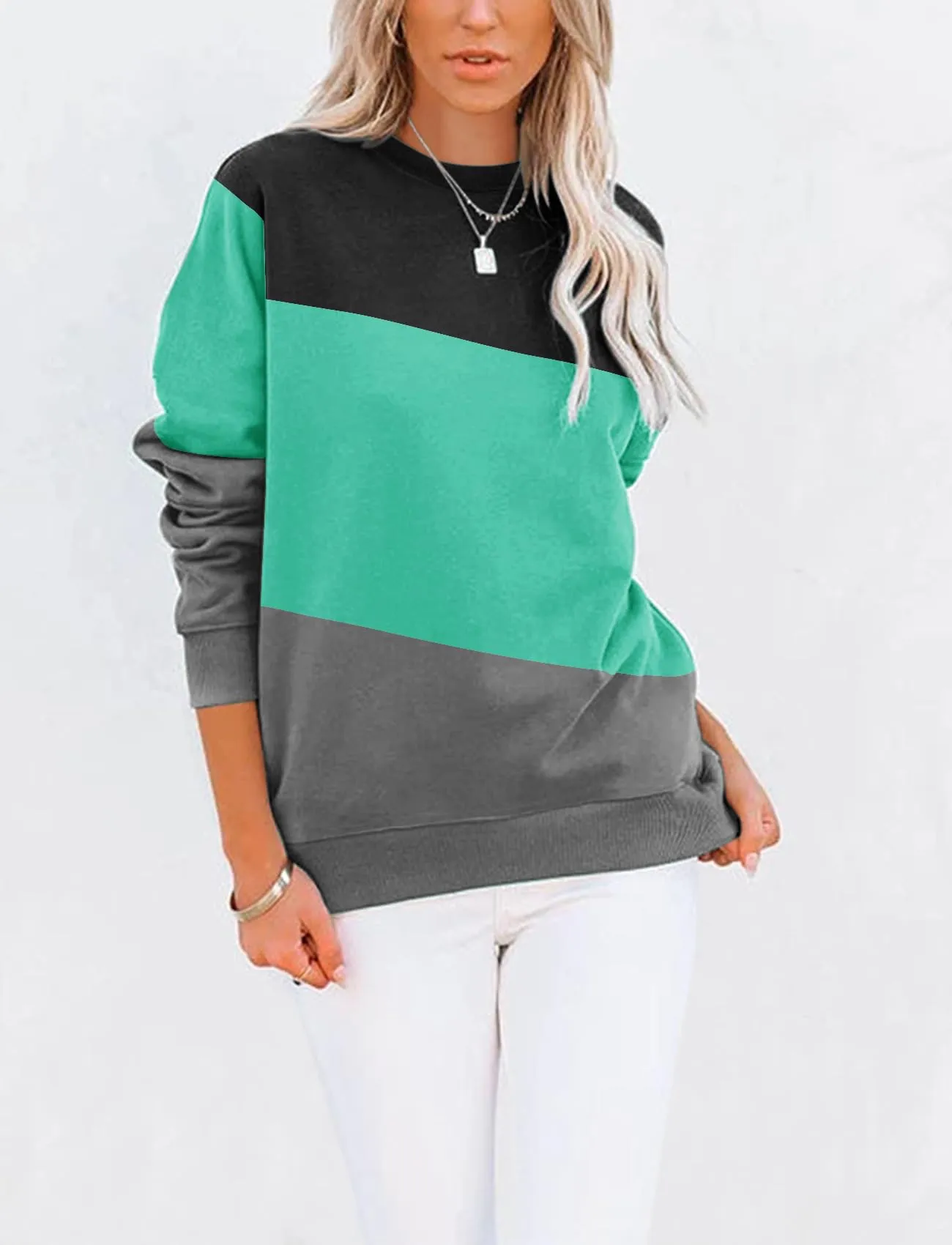 TICTICMIMI Women's Casual Long Sleeve Color Block/Solid Tops Crewneck Sweatshirts Cute Loose Fit Pullover with Pockets