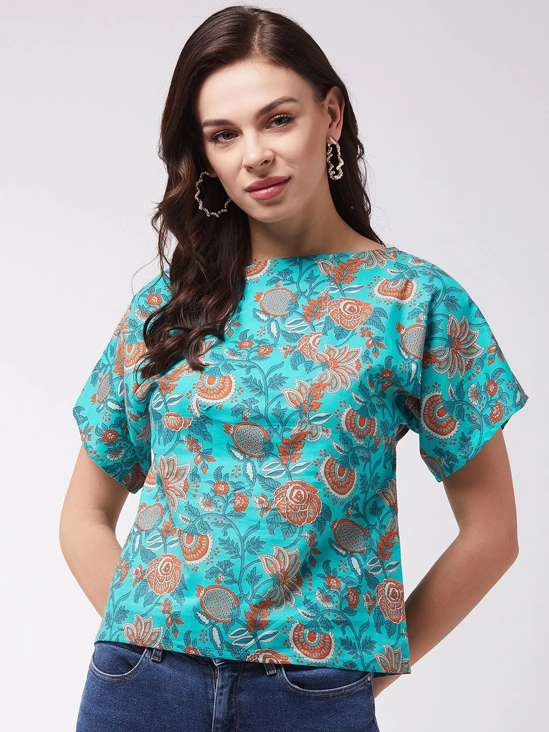 Turquoise Orange Print Top
