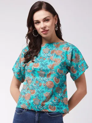 Turquoise Orange Print Top