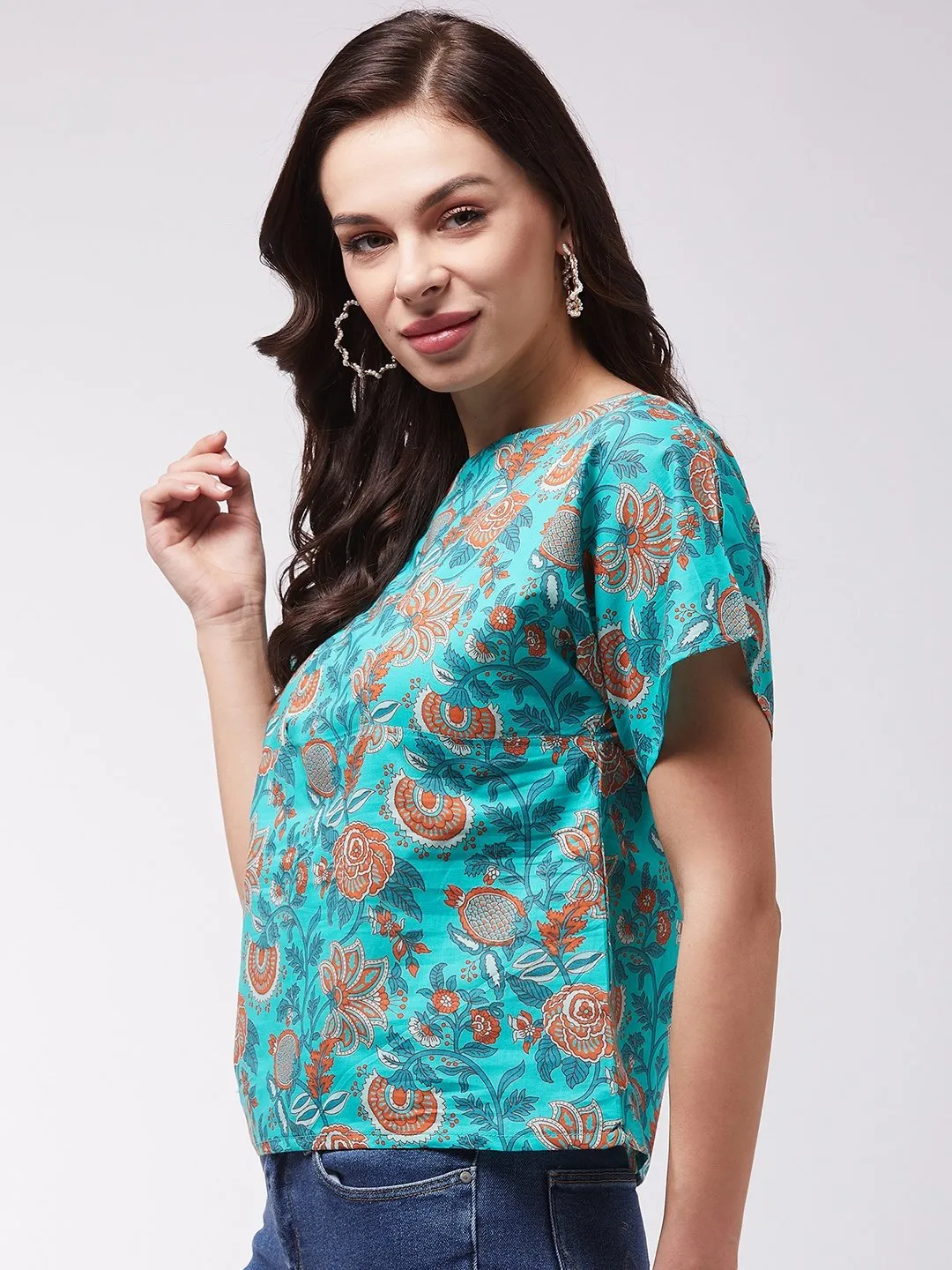 Turquoise Orange Print Top