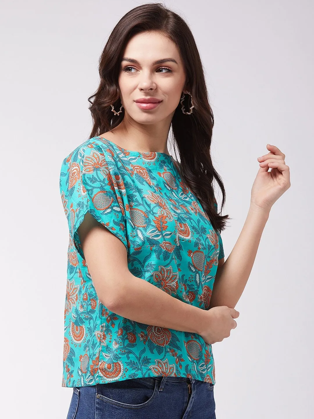 Turquoise Orange Print Top