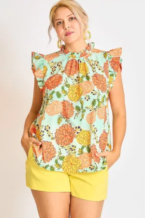 Umgee Plus Size Floral Print Ruffled Cap Sleeve Blouse