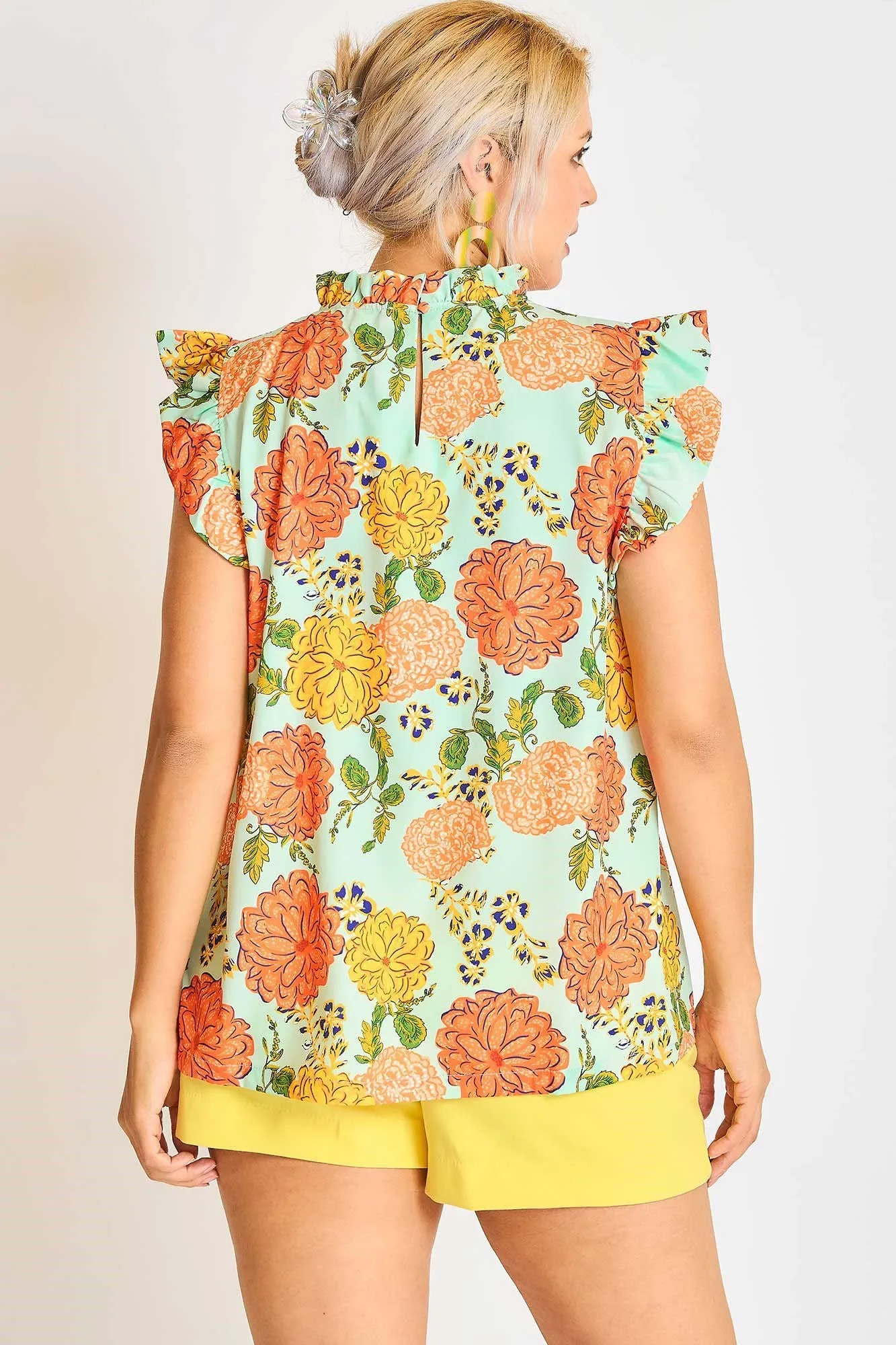 Umgee Plus Size Floral Print Ruffled Cap Sleeve Blouse