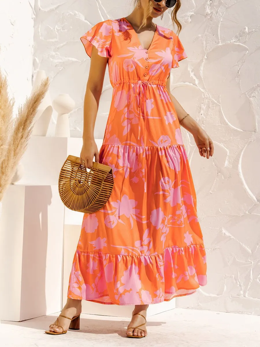 V-neck Floral Print Maxi Dress
