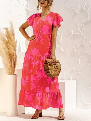 V-neck Floral Print Maxi Dress