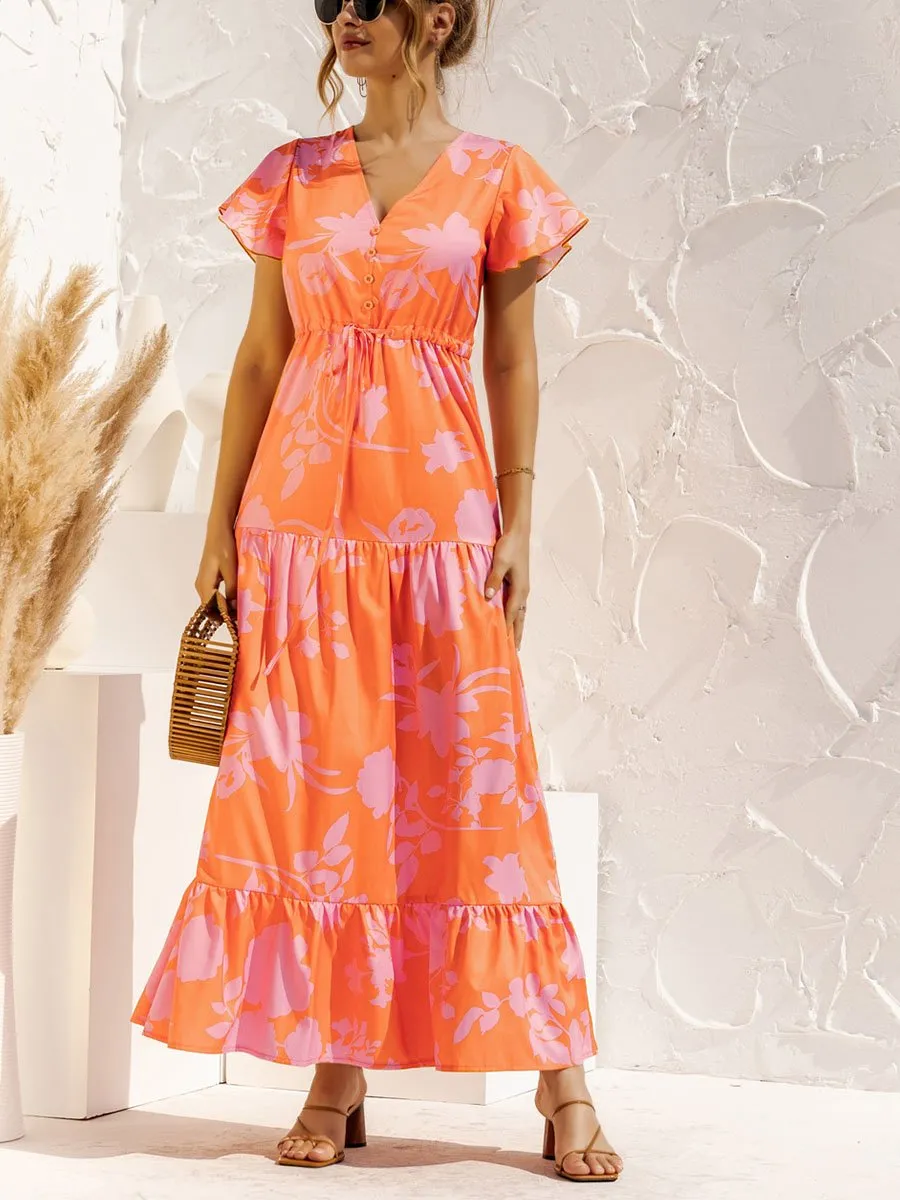 V-neck Floral Print Maxi Dress