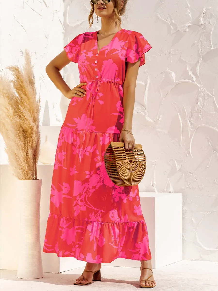 V-neck Floral Print Maxi Dress