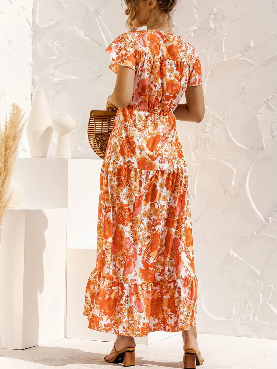 V-neck Floral Print Maxi Dress