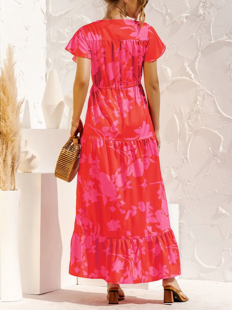 V-neck Floral Print Maxi Dress
