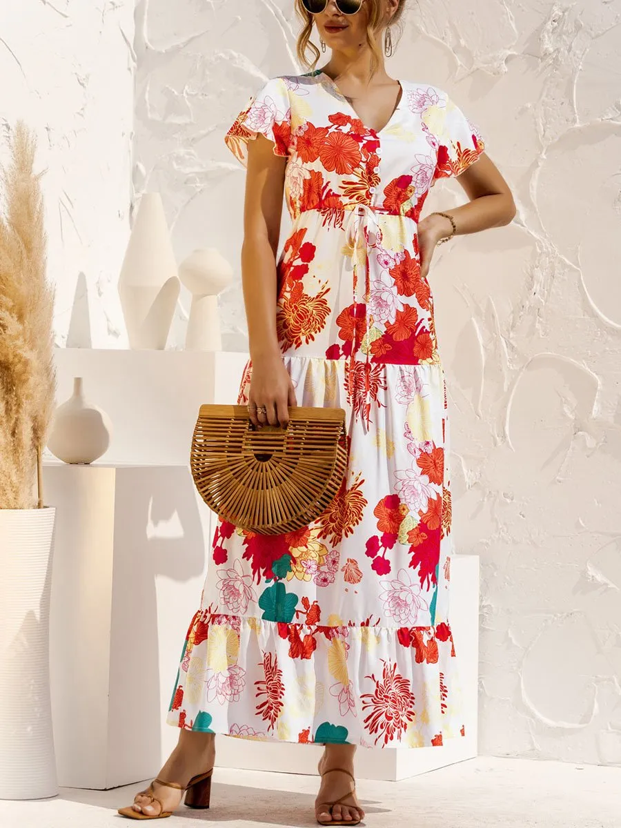 V-neck Floral Print Maxi Dress