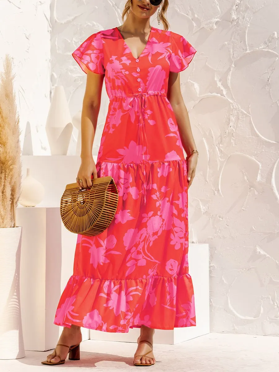 V-neck Floral Print Maxi Dress