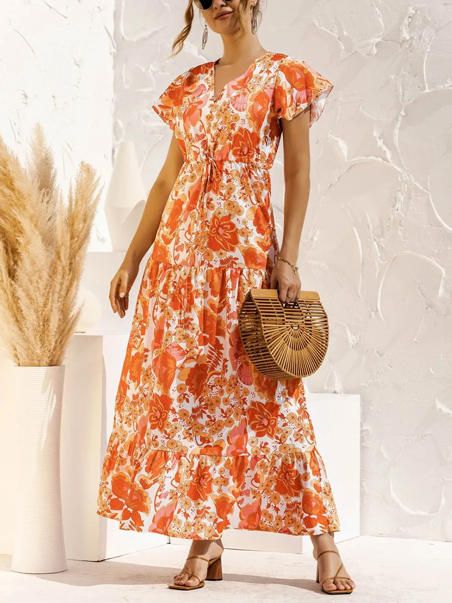 V-neck Floral Print Maxi Dress