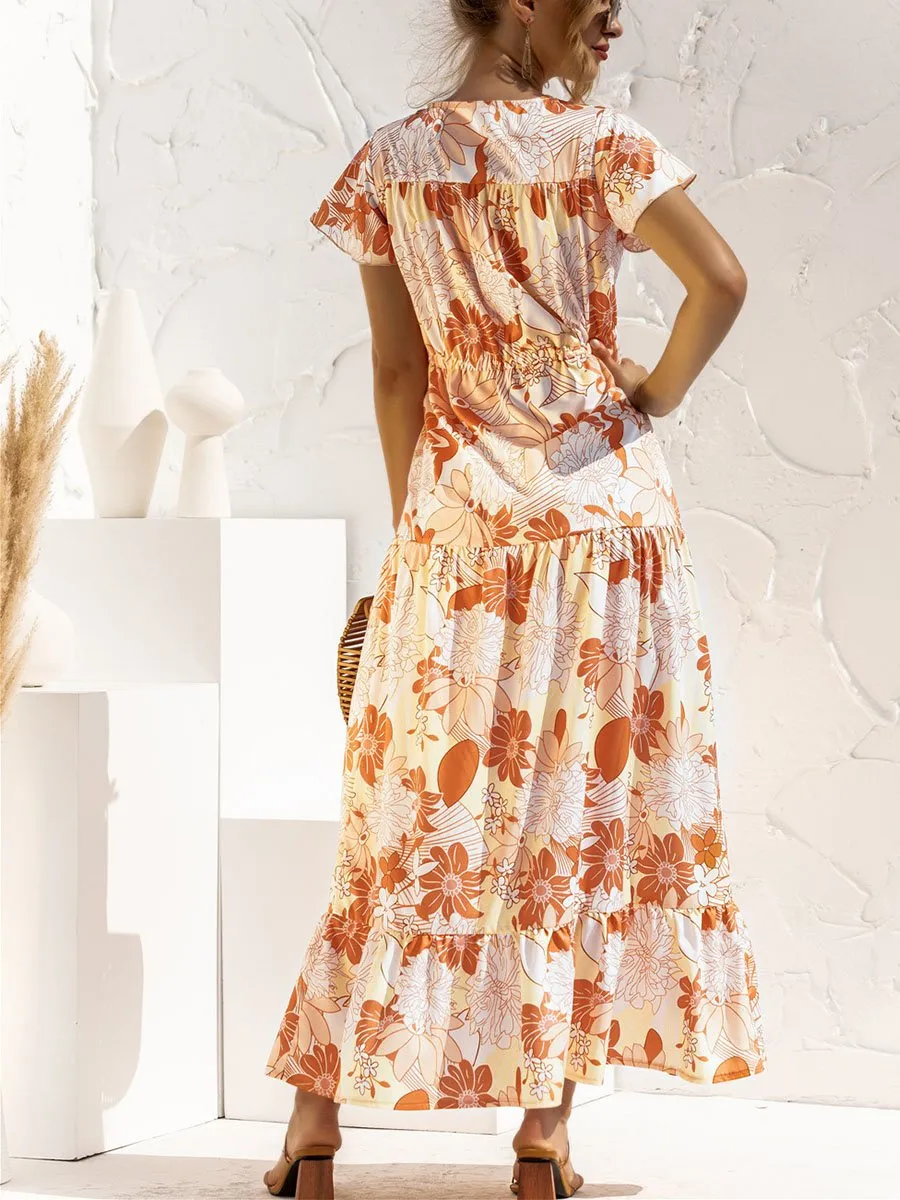 V-neck Floral Print Maxi Dress