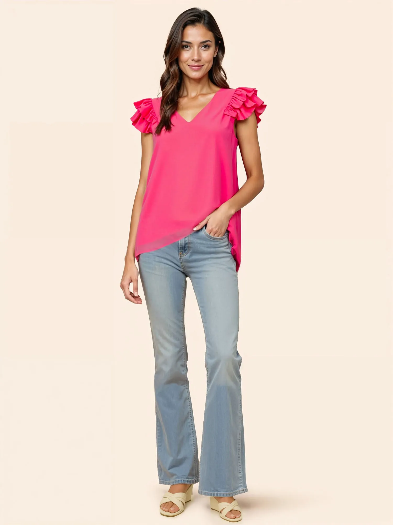V Neck Ruffle Sleeve Top
