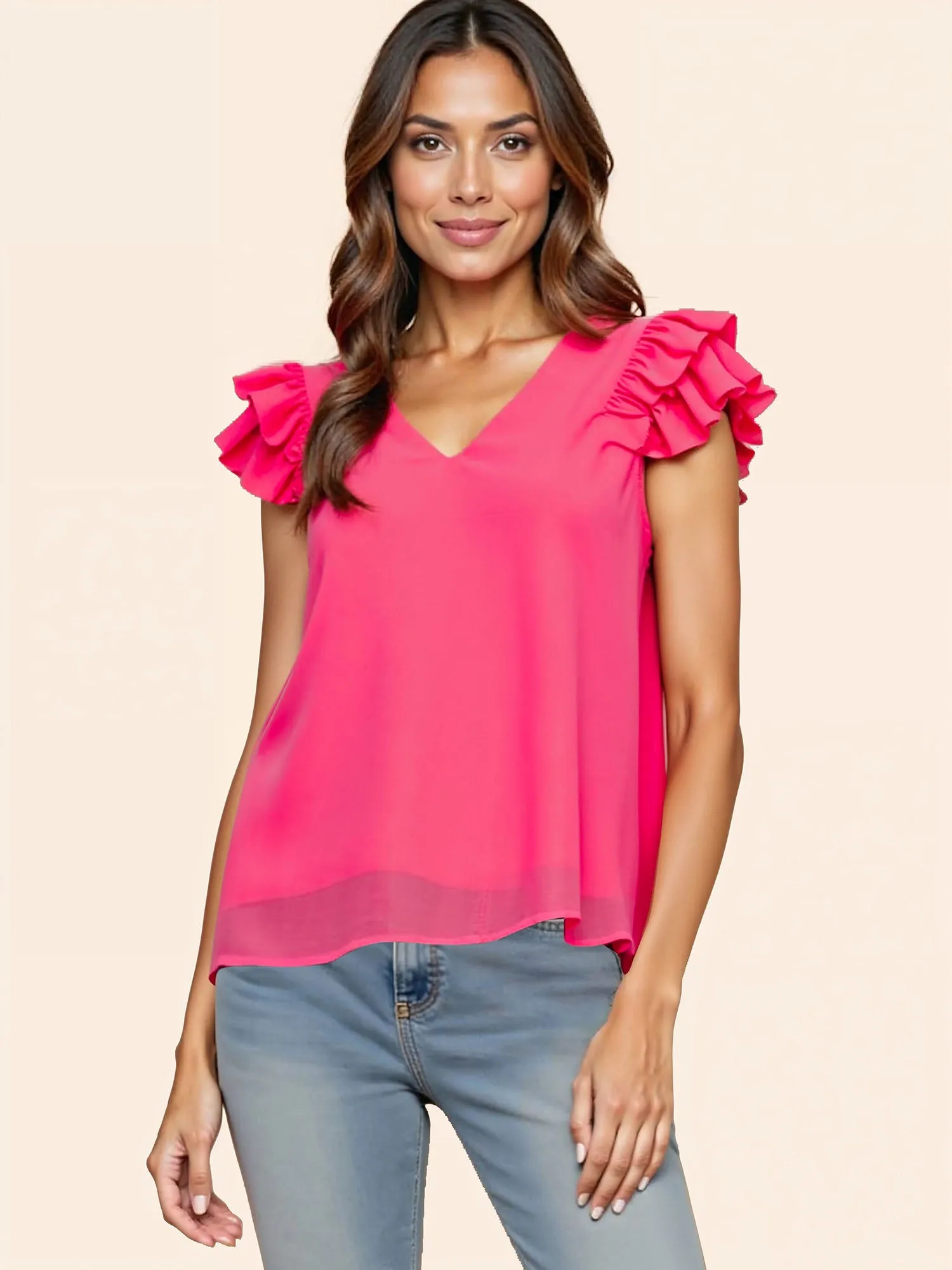 V Neck Ruffle Sleeve Top