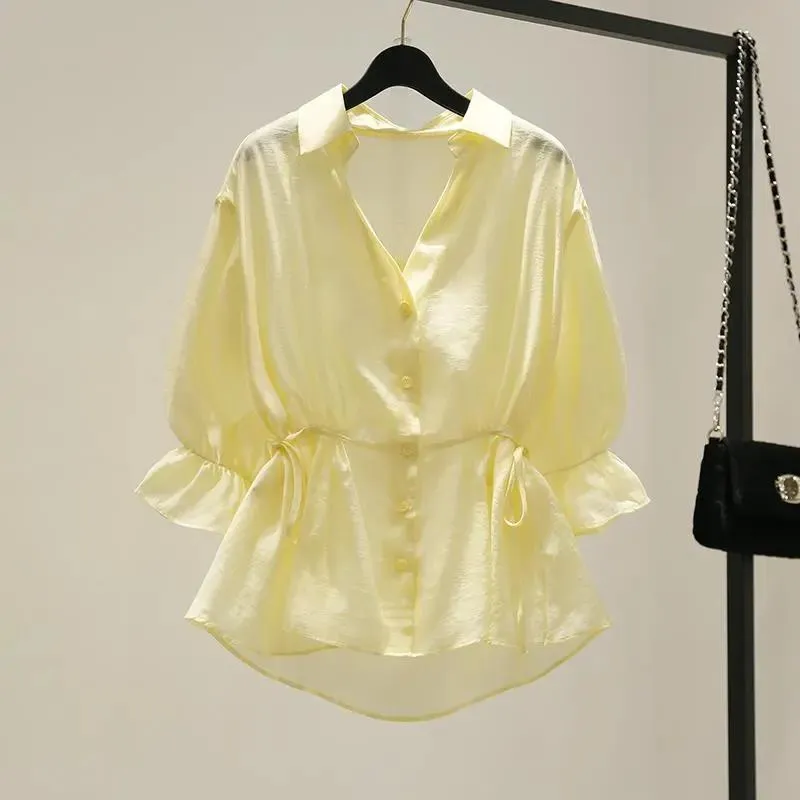 V-neck Waist Skirt Shirt Women's Summer Spring Summer Autumn Korean Chiffon Loose Ruffled Blouse Baby Shirt