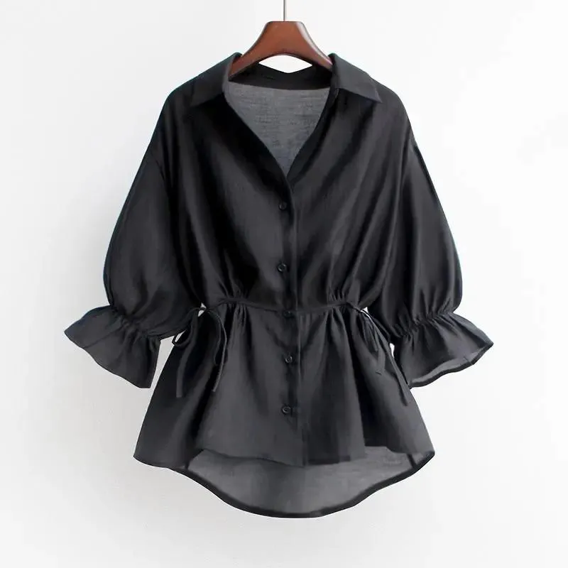 V-neck Waist Skirt Shirt Women's Summer Spring Summer Autumn Korean Chiffon Loose Ruffled Blouse Baby Shirt