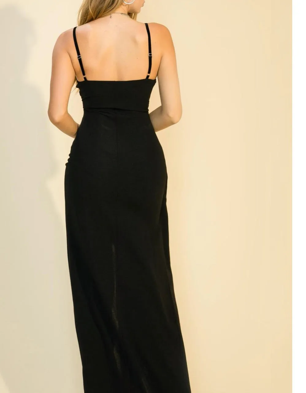 Velvet Strap Faux Wrap Thigh Slit Maxi Dress