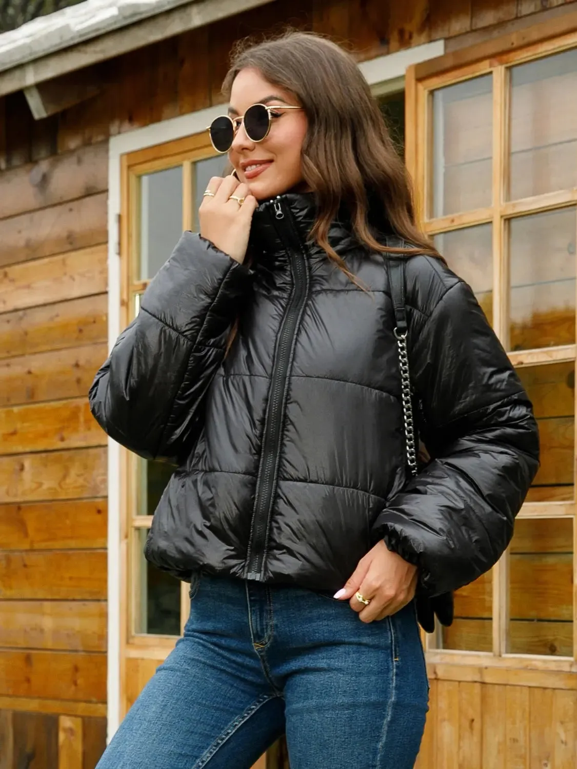 'Vespera' Faux Leather Puffer Jacket