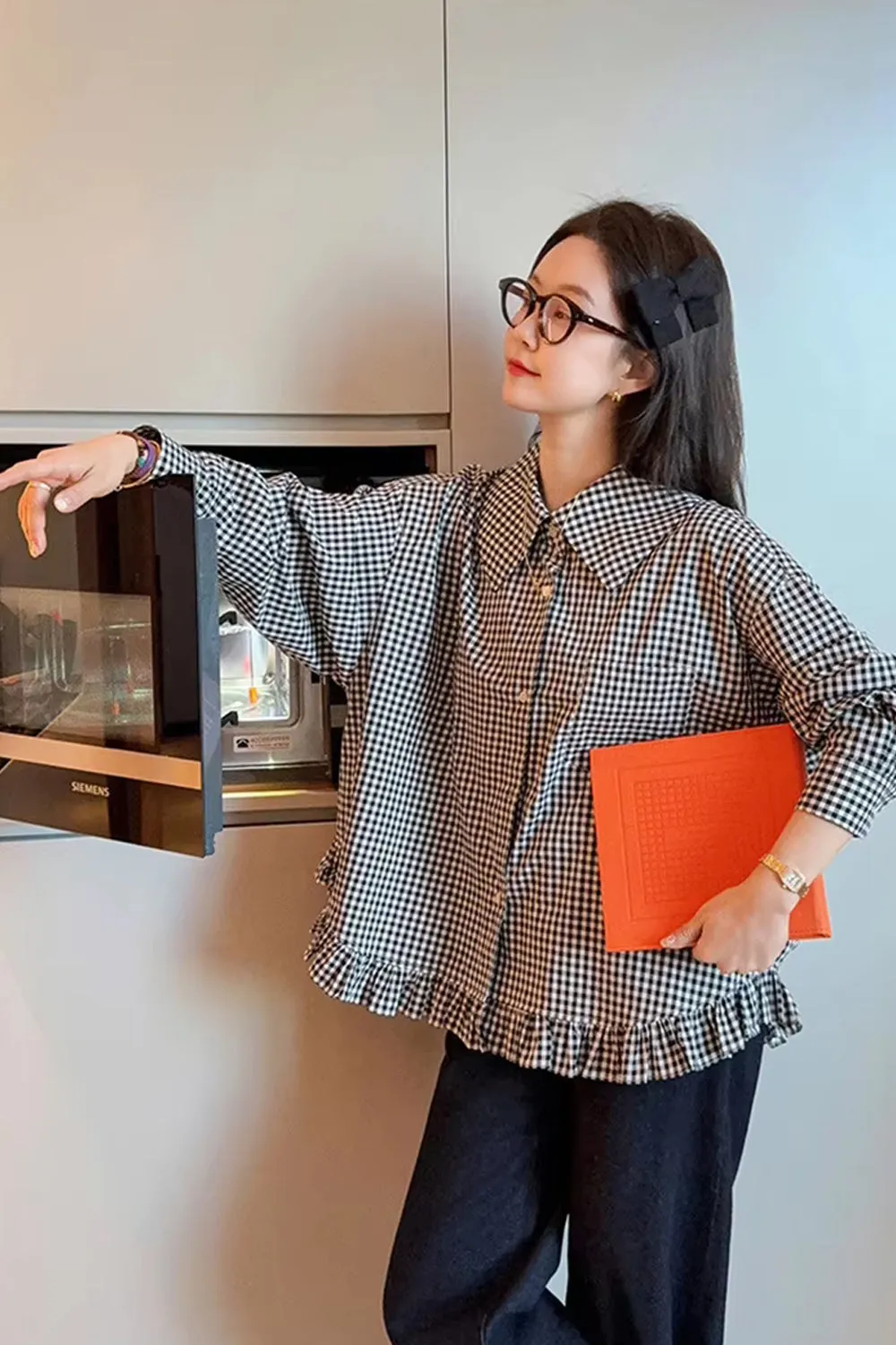 Vintage Plaid Pattern Ruffled Blouse Shirt