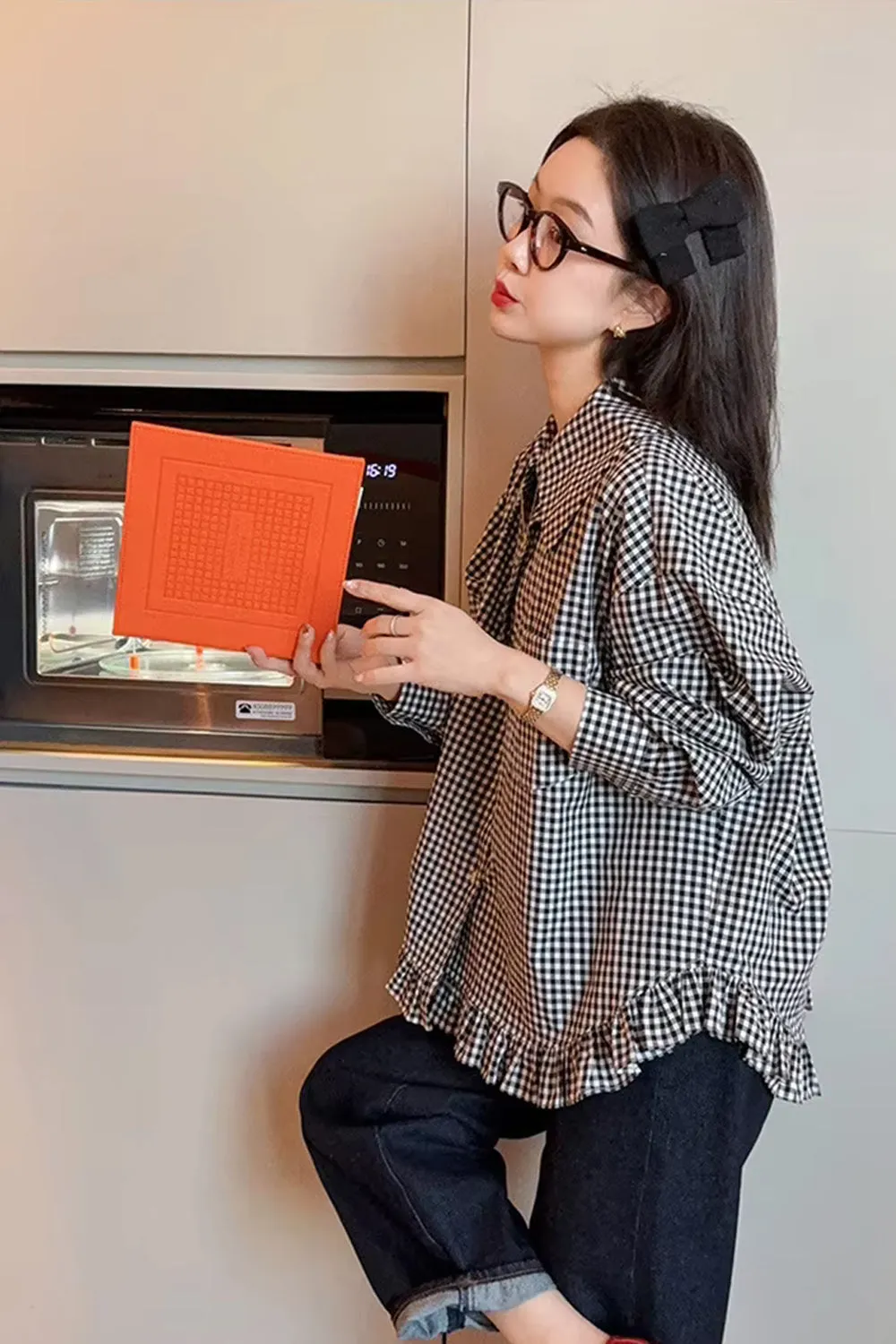 Vintage Plaid Pattern Ruffled Blouse Shirt