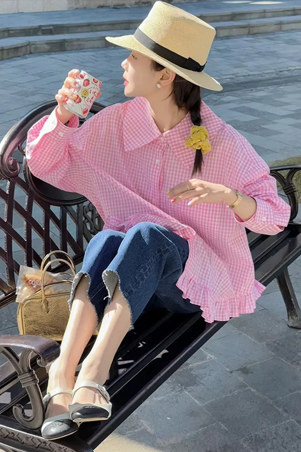 Vintage Plaid Pattern Ruffled Blouse Shirt