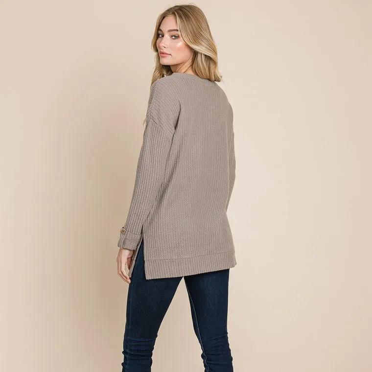 Waffle Brushed V Neck Knit Henley Sweater Tops