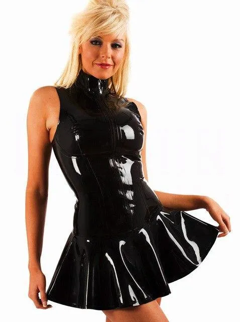Wet Look Latex PVC Leather Sleeveless Mini Dress With Zipper