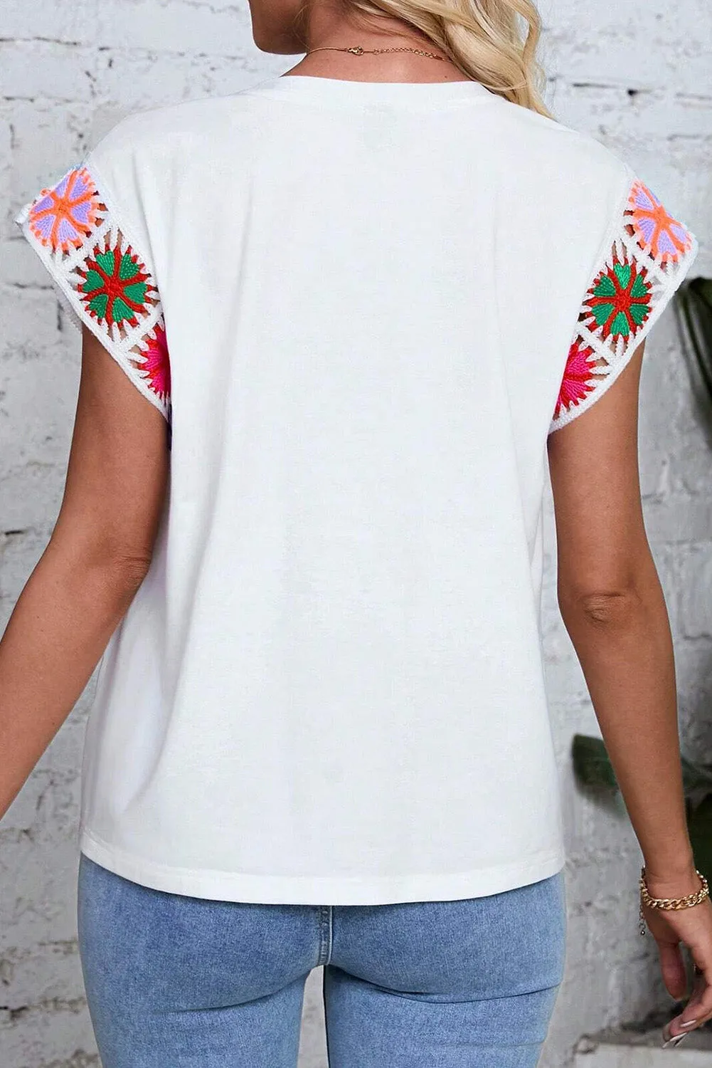 White Floral Crochet Sleeve Loose Top