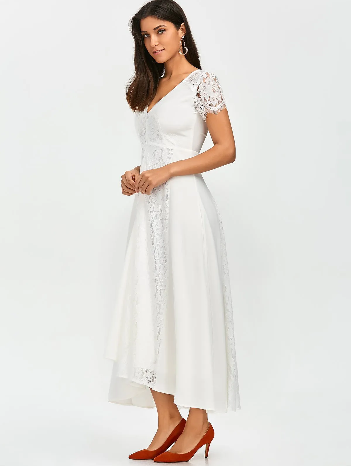 White Front Zippered Lace Panel Maxi Dress