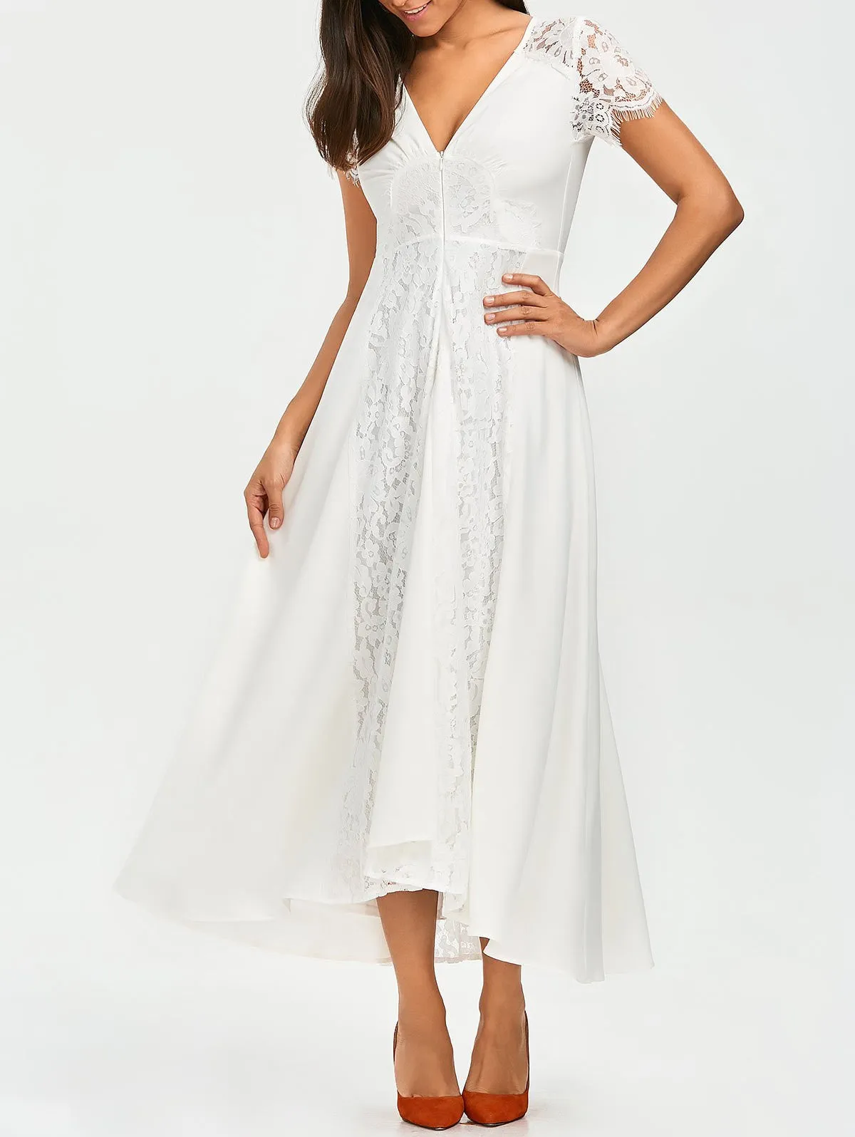 White Front Zippered Lace Panel Maxi Dress