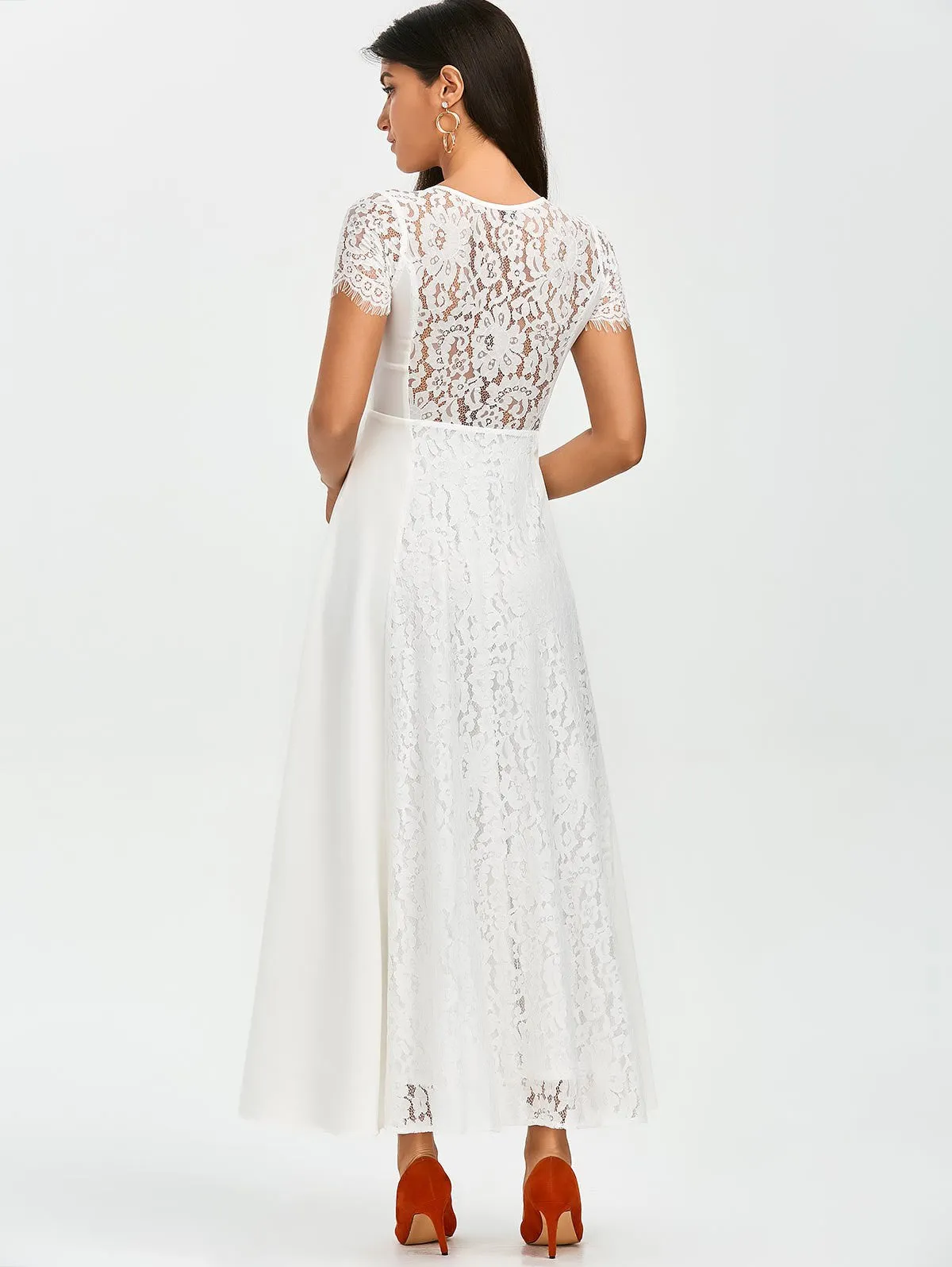 White Front Zippered Lace Panel Maxi Dress