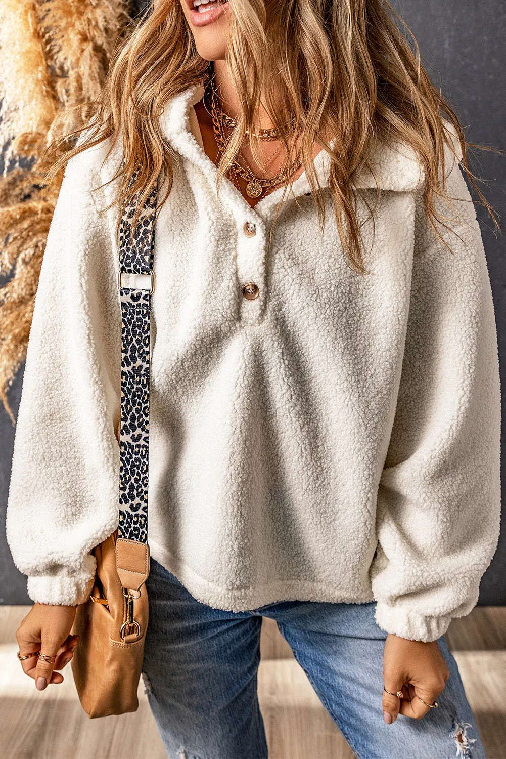 White Half Button Hooded Loose Teddy Sweatshirt
