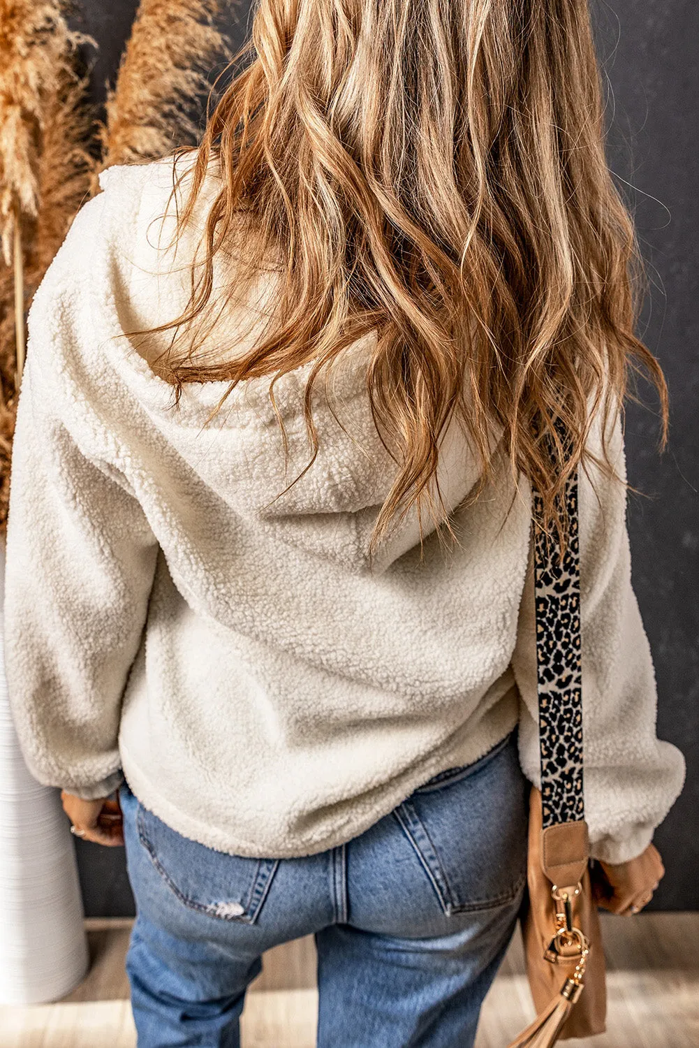 White Half Button Hooded Loose Teddy Sweatshirt