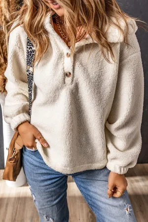 White Half Button Hooded Loose Teddy Sweatshirt