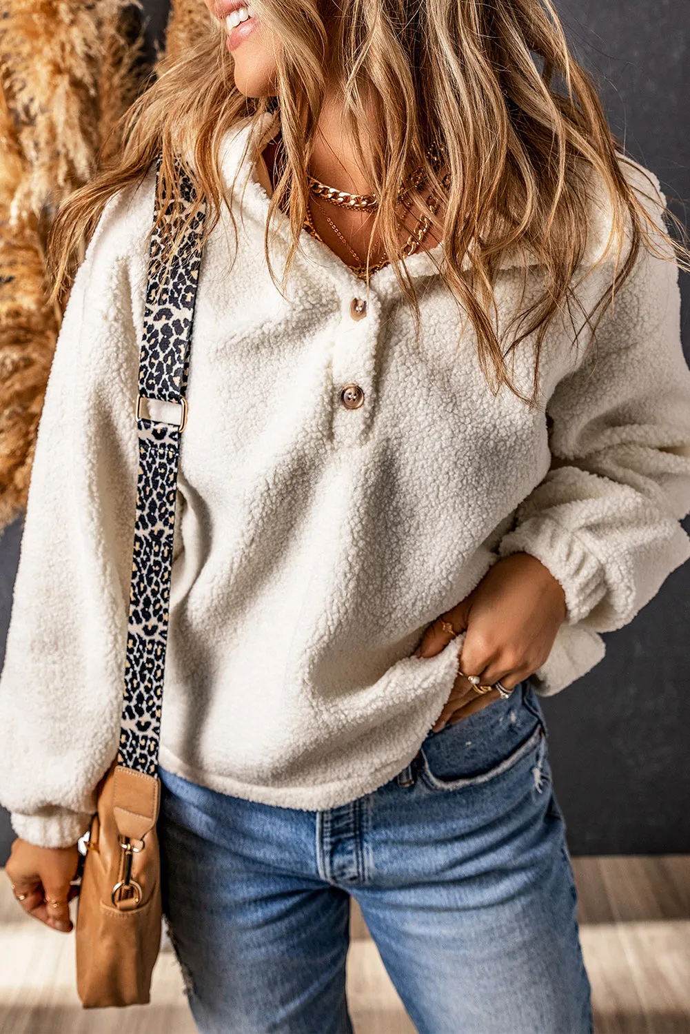 White Half Button Hooded Loose Teddy Sweatshirt