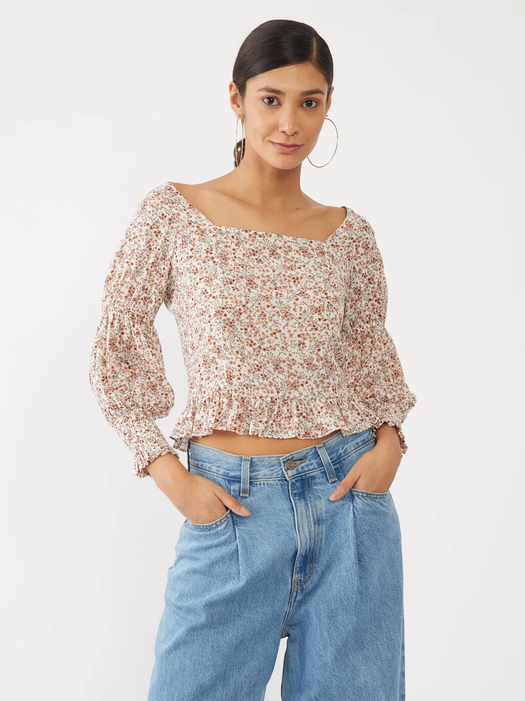 White Printed Ruffled Top