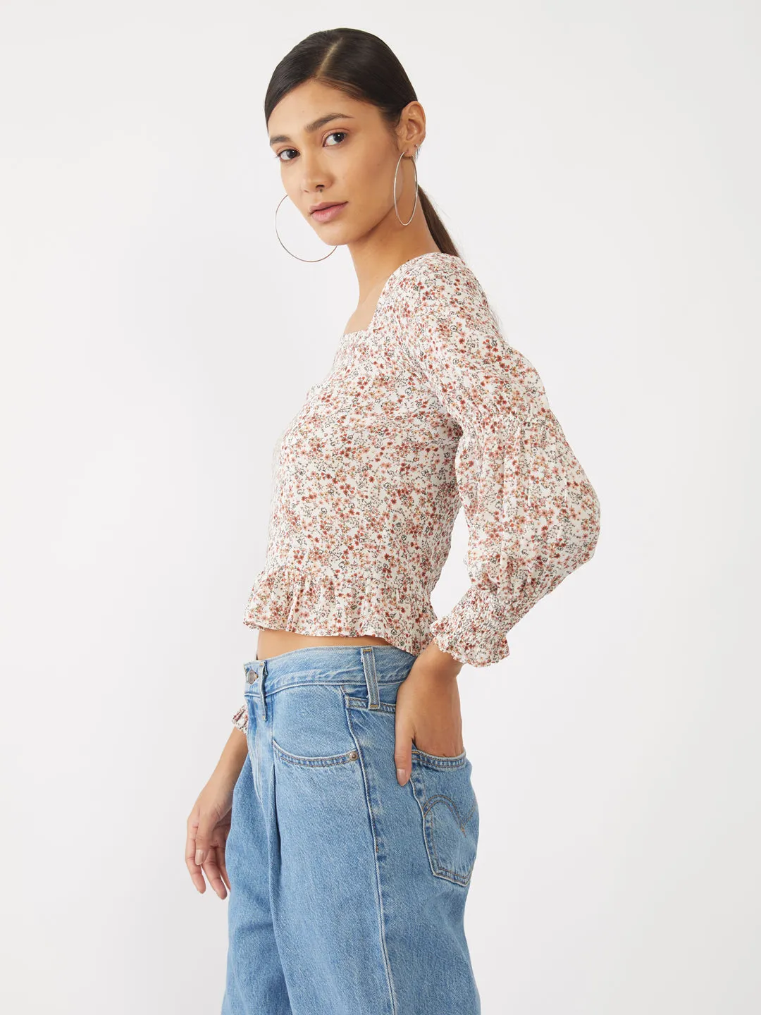 White Printed Ruffled Top