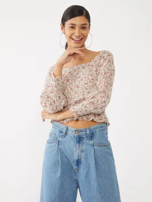 White Printed Ruffled Top