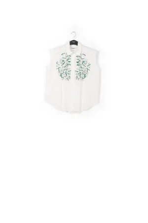 White sequin and rhinestone-embellished sleeveless shirt