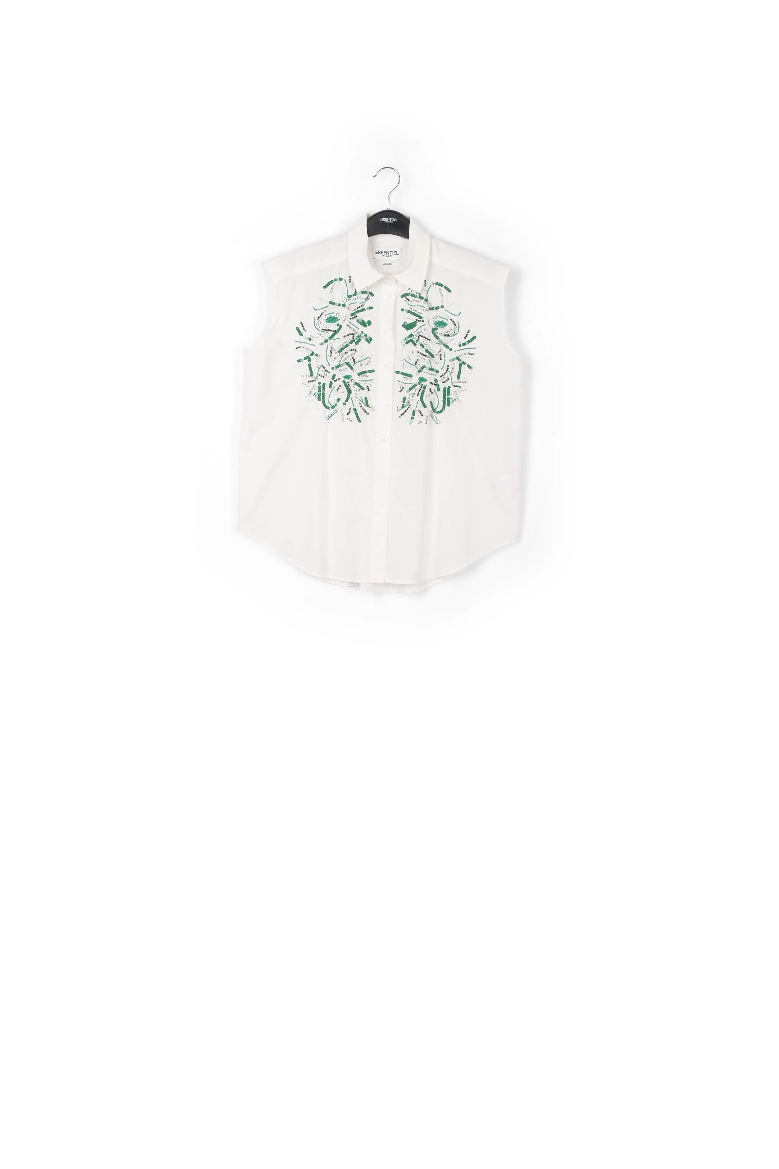 White sequin and rhinestone-embellished sleeveless shirt