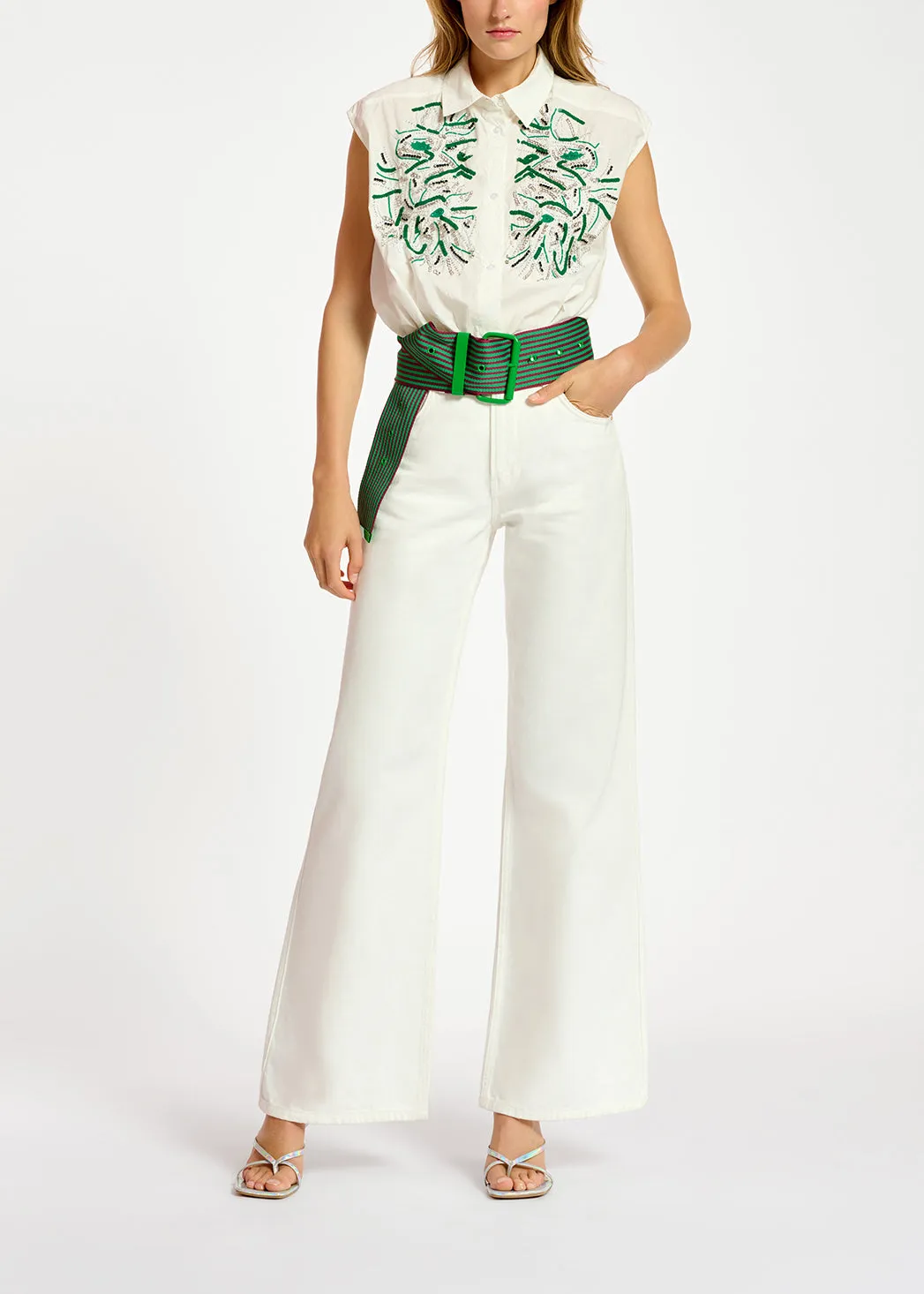 White sequin and rhinestone-embellished sleeveless shirt
