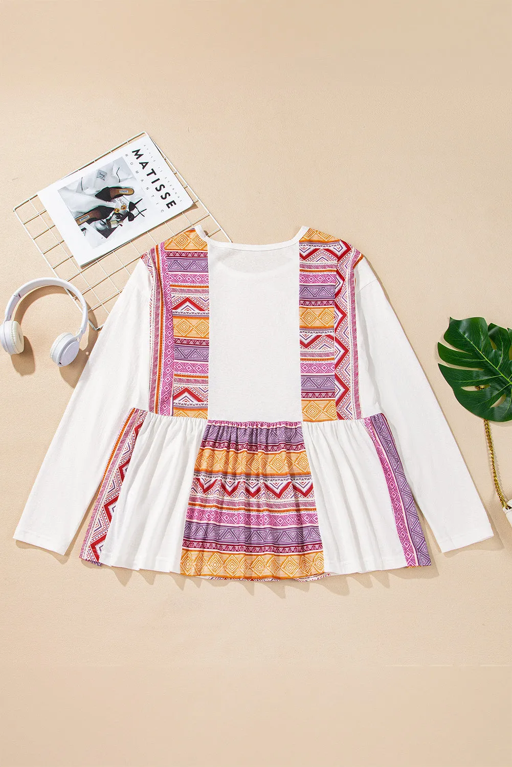 White Southwestern Aztec Print Patchwork Ruffled Tunic Long Sleeve Babydoll Top